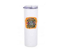 White tumbler with colorful graphic and text that says does running our of fucks count as cardio