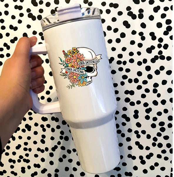 text that says kinda emotional kinda emotionless with a flowers and a skull on a white insulated 40oz tumbler with a handle