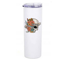 Half flower and half skull image with the text kind emotional kinda emotionless on a skinny tumbler