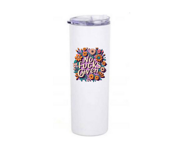 White tumbler with colorful floral design and text that says no fucks given