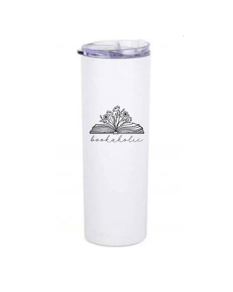 White tumbler with 'bookaholic' design on a white background