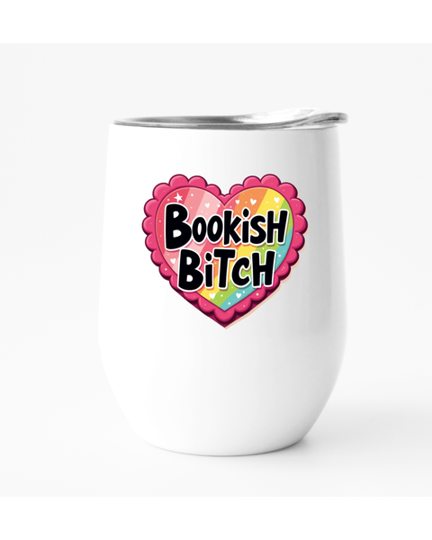 White tumbler with a colorful heart-shaped design and 'Bookish Bitch' text on a white background