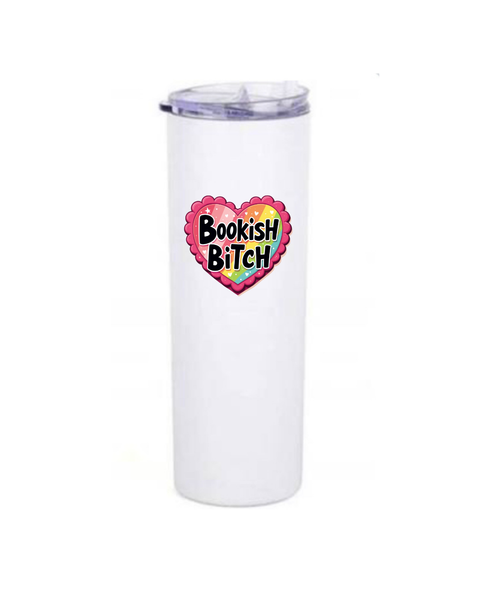 White tumbler with colorful heart design and text on a white background