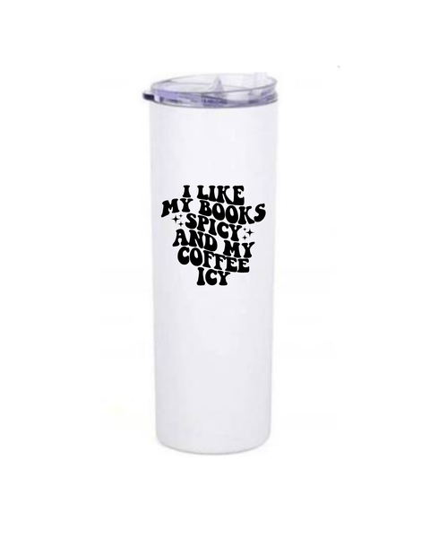 White tumbler with black text on a white background
