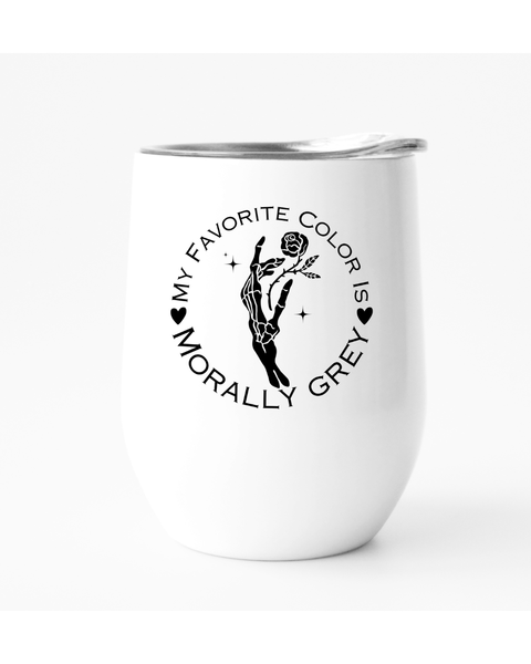 White tumbler with black text and design on a white background