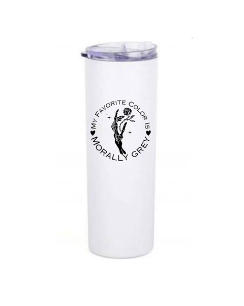 White tumbler with black text and design on a white background