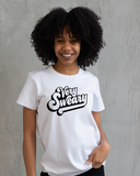 white shirt that says very sweary on a female model